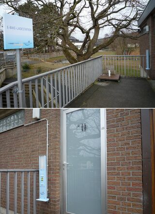 Zwei Fotos als Collage. Man sieht eine Tür, neben dem eine eBike-Ladestation angebracht ist.