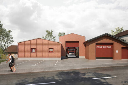 Perspektive auf das neue Feuerwehrgerätehaus in Thum